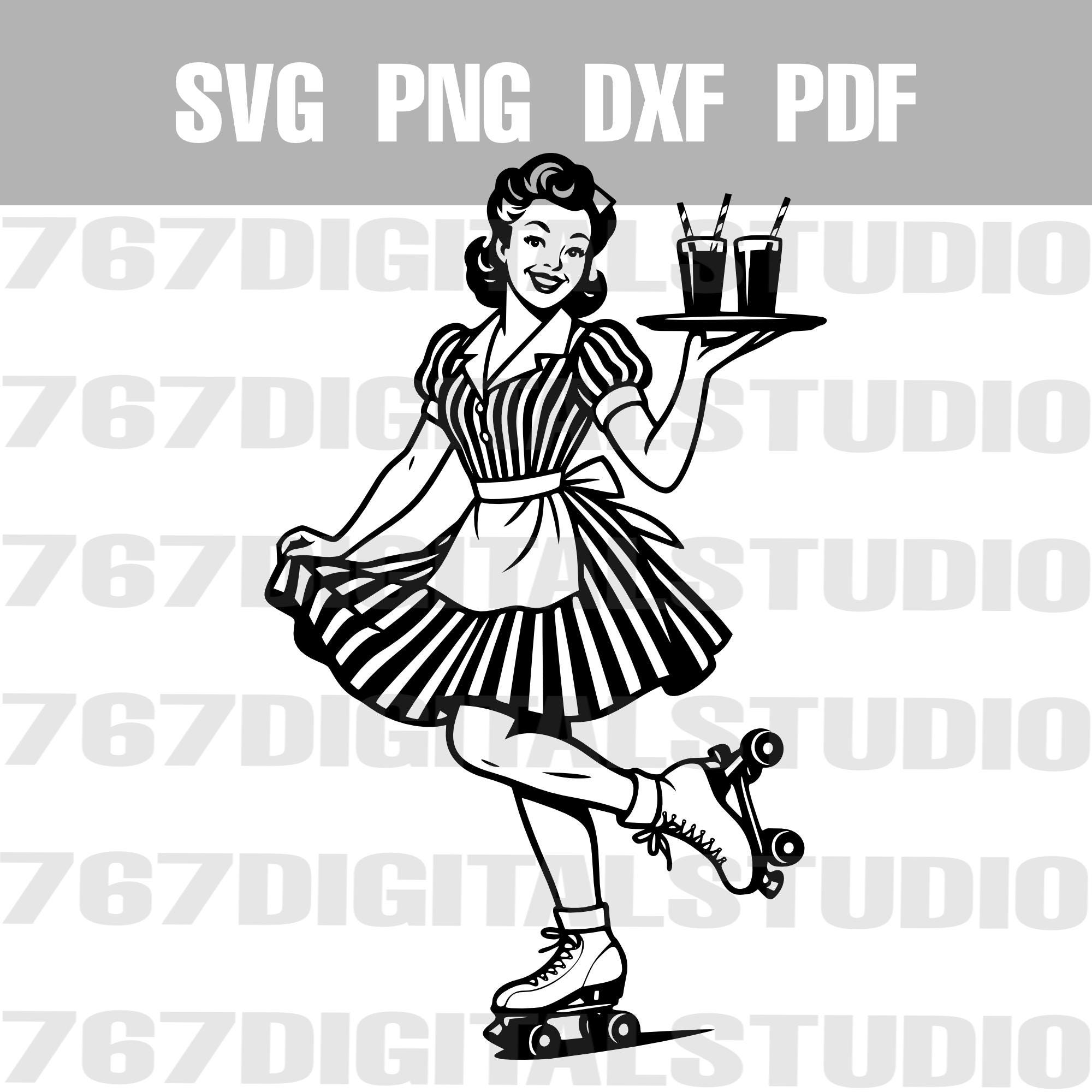 レトロカーホップSVG：50年代のローラースケートウェイトレスの