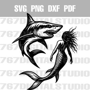 Encuentro con tiburón de sirena SVG PNG PDF DXF Archivos vectoriales Clip Art Imprimible Corte láser Grabado POD Uso personal y comercial OK