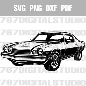 May include: Black and white silhouette of a classic American muscle car. The car has a long hood, a rounded front end, and a black stripe running along the side. The car is facing the viewer and has a detailed front grille.
