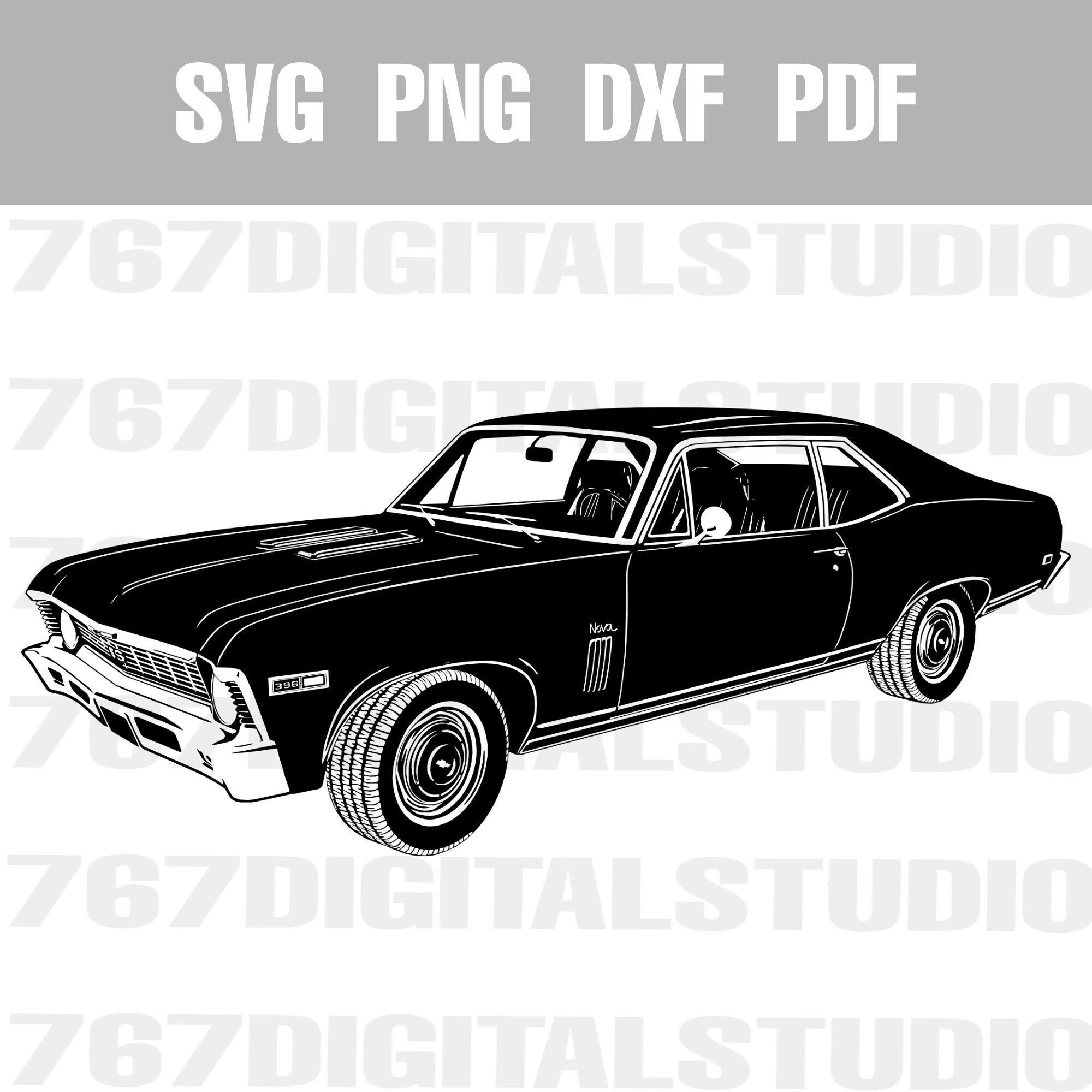 1969 Chevy Nova SS 396 SVG | Classic Muscle-Car Vector Clip Art | PNG DXf PDf Cut File for Cricut, Silhouette, Laser & Garage Décor