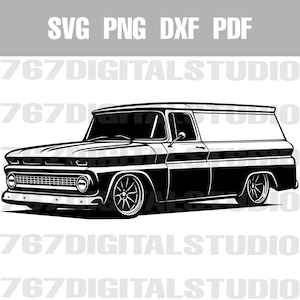 May include: Black and white illustration of a vintage panel truck. The truck has a low profile, custom wheels, and the text "SVG PNG DXF PDF" at the top. The image is a digital design, likely for crafting or graphic use.