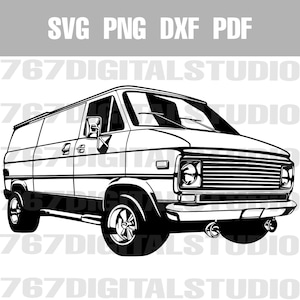 May include: Black and white line art illustration of a vintage van. The van has a large windshield, a rectangular grille, and a side door. The van is facing slightly to the right.