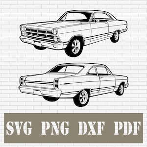May include: Two black and white illustrations of a classic car. One shows the front, the other the rear. The car has a vintage design with rounded headlights and a low profile. Below the cars, the text "SVG PNG DXF PDF" is displayed.