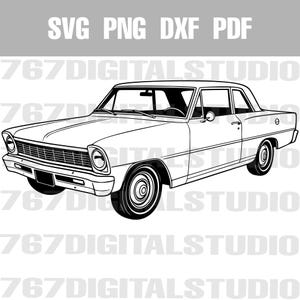 May include: A monochrome line drawing of a classic vintage car. The image features the text "SVG PNG DXF PDF" at the top and the text "767DIGITALSTUDIO" repeated in the background.
