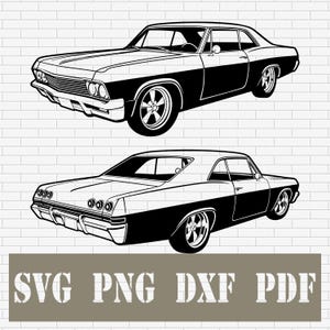 May include: Black and white illustration of a classic car, showcasing both front and rear views. The car features a sleek design with detailed wheels and body lines. The image includes the text "SVG PNG DXF PDF" in a block at the bottom.