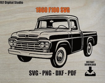 May include: Black and white illustration of a 1960 F100 pickup truck. The image includes the text "1960 F100 SVG" in orange, and "SVG - PNG - DXF - PDF" in black. The words "INSTANT DOWNLOAD" are also present.