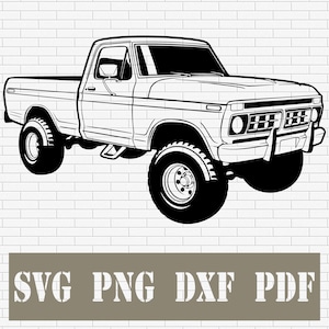 May include: A black and white line drawing of a classic pickup truck with large off-road tyres. The truck is shown in profile, highlighting its vintage design. The text "SVG PNG DXF PDF" is displayed below the truck in a block.