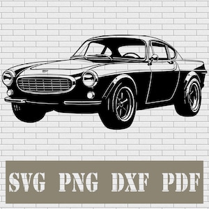 Puede incluir: Ilustración en blanco y negro de un coche clásico vintage. El coche tiene un perfil elegante y bajo con faros redondos y una prominente parrilla delantera. Incluye el texto "SVG PNG DXF PDF".