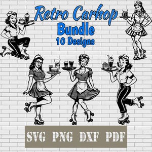 May include: Black and white retro carhop bundle design with 10 designs. The image features illustrations of carhops on roller skates holding trays of food and drinks. The text "Retro Carhop Bundle 10 Designs" is in blue. The image also includes the text "SVG PNG DXF PDF".