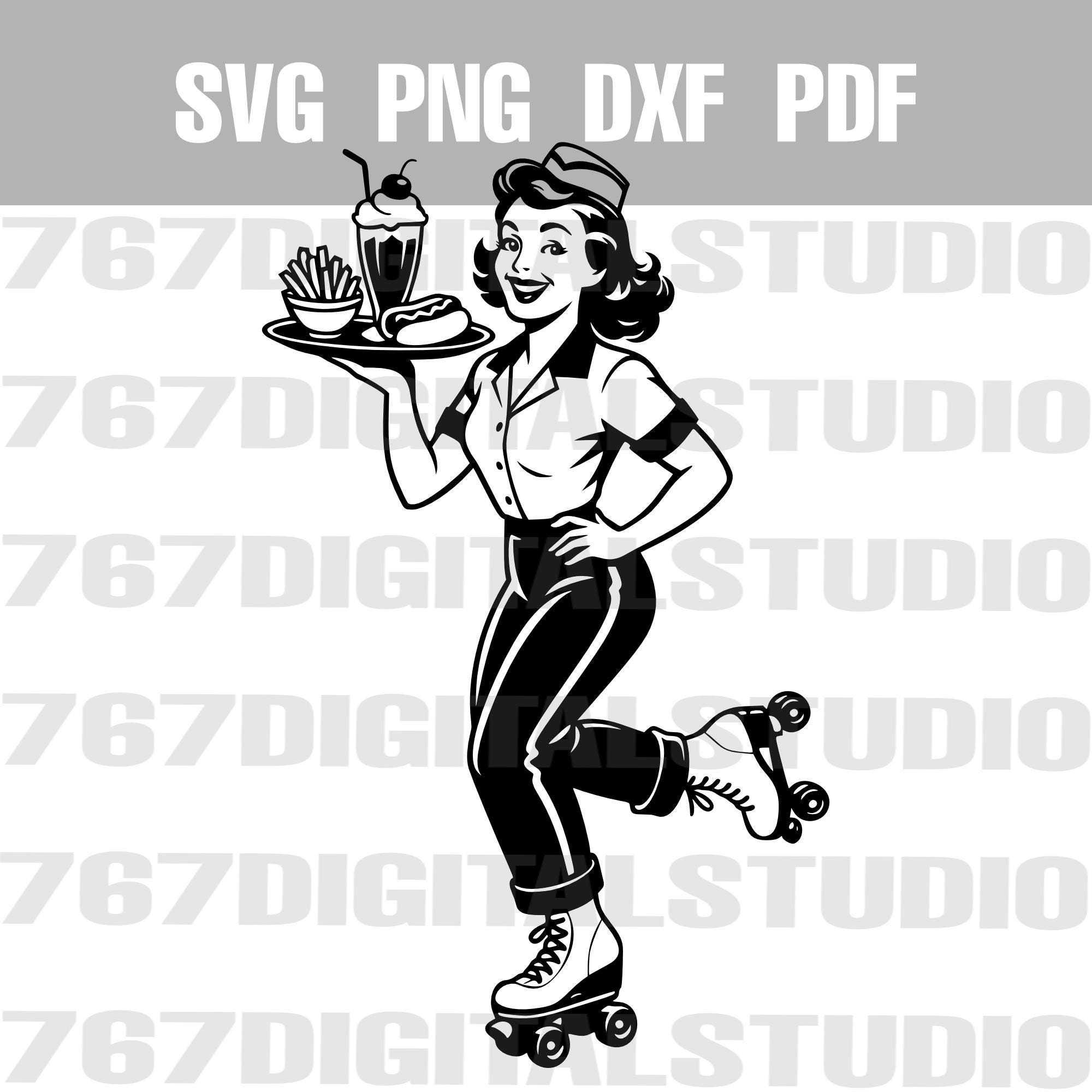 ローラースケートをするダイナーのウェイトレス SVG: 50 年代の