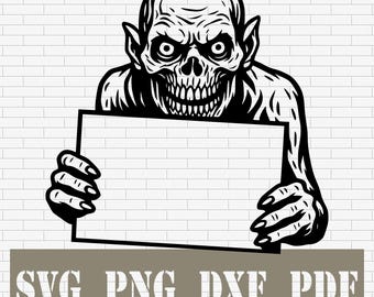 Creepy Ghoul Holding Sign SVG DXF PNG PDf – Halloween Sign Blank, Custom Text Cut File