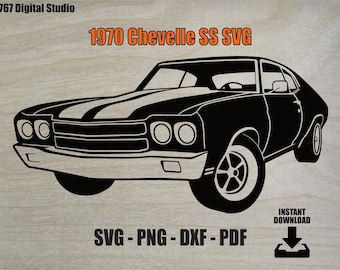 May include: A black graphic illustration of a 1970 Chevelle SS car on a light wood background. The text 767 Digital Studio, 1970 Chevelle SS SVG, and INSTANT DOWNLOAD with a downward arrow icon are visible. File formats SVG, PNG, DXF, PDF are listed.