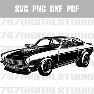 May include: Black and white silhouette of a classic muscle car with a large engine and a racing stripe. The car has a black hood and a white body. The car is facing the viewer.