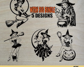 Pin Up Witch Halloween SVG Bundle, Vintage Horror Clipart Vector Art, Broom Cauldron Pumpkin Moon Cut File, Print Laser Engraving PNG DXF