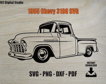 1955 Chevy 3100 Pickup Truck SVG, Vintage Classic Hot Rod Clipart, Retro Car Line Art Cut File, Laser Engrave Garage Sign PNG DXF Download