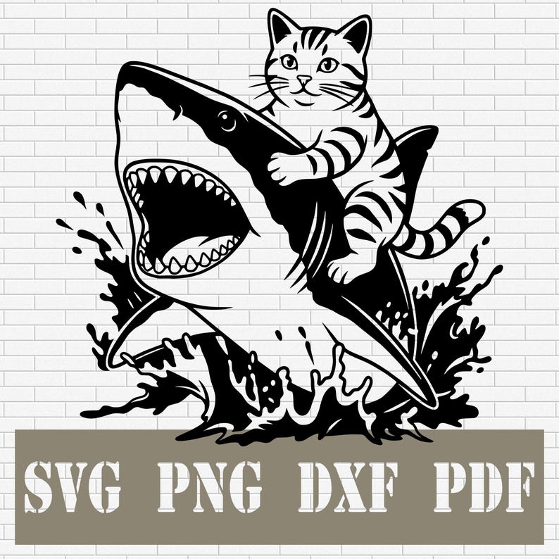 Cat Riding Shark SVG PNG DXF Pdf | Funny Cat Shark Clipart | Ocean ...