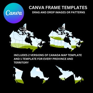 Mapa do Canadá - Todas as províncias e territórios - Modelo de moldura CANVA editável - Arraste e solte - Download digital