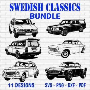 Volvo Saab bil SVG-paket | Svensk klassisk bil Clipart | DXF PNG PDf vektorklippfil för Cricut, silhuett, lasergravering, garagedekor