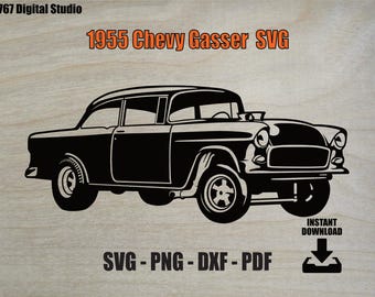 May include: Black and white illustration of a 1955 Chevy Gasser car. The image includes the text "1955 Chevy Gasser SVG", "SVG - PNG - DXF - PDF", and "Instant Download". The car is a classic, vintage design.