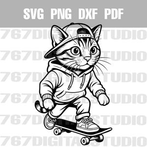 Kat skateboarder SVG png pdf dxf vectorbestanden Clip Art afdrukbare lasergesneden gravure POD persoonlijk en commercieel gebruik OK