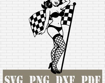 Retro Pin Up Girl SVG with Checkered Flag | Racing Pinup Cut File | Vintage Hot Rod Girl PNG | Rockabilly Clipart for Cricut & Silhouette