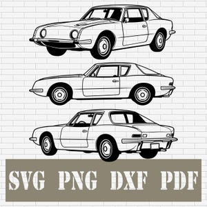Könnte beinhalten: Schwarz-Weiß-Strichzeichnung eines klassischen Coupé-Autos, dargestellt in drei Ansichten: vorne, seitlich und hinten. Das Auto hat ein markantes Design. Unter den Autoillustrationen steht der Text "SVG PNG DXF PDF".