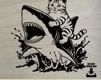 Cat Riding Shark SVG PNG DXF PDf | Funny Cat Shark Clipart | Ocean Animal Cut File for Cricut Silhouette | T-Shirt Decal Design