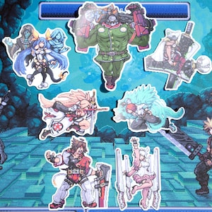 May include: A collection of colorful character stickers from a video game, featuring various figures in action poses. The stickers are die-cut and have a white border. The background is a pixelated blue and green design.