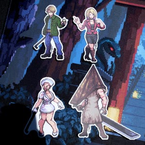 May include: Four pixel art stickers of video game characters. The stickers show a man in a green jacket, a woman in a red jacket, a nurse in a white uniform, and a figure with a pyramid-shaped head and a large sword.