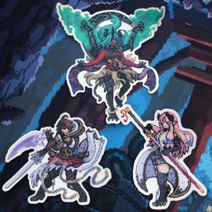 May include: Three die-cut vinyl stickers featuring pixel art characters. The top sticker shows a horned figure with green energy wings. The bottom left sticker depicts a character holding a large scythe. The bottom right sticker shows a pink-haired character holding a sword.