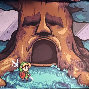 May include: A pixelated illustration of a large tree with a face and a mouth that is open. A small character with a sword and a green hat stands in front of the tree. The background is a dark blue with white stars.