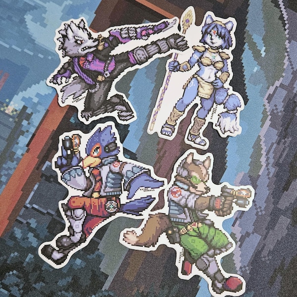 Star Fox Pixel Art Stickers | Premium Matte Vinyl Stickers | Fox McCloud Falco Lombardi and Krystal