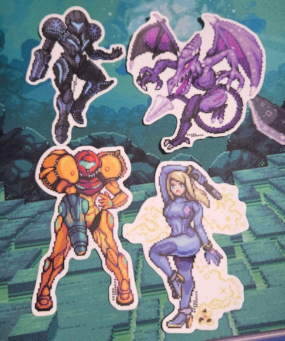 Samus Aran, Ridley, Dark Samus and Zero Suit Pixel Art Stickers | Premium Matte Vinyl Stickers | Metroid Prime Nintendo Super Smash Bros