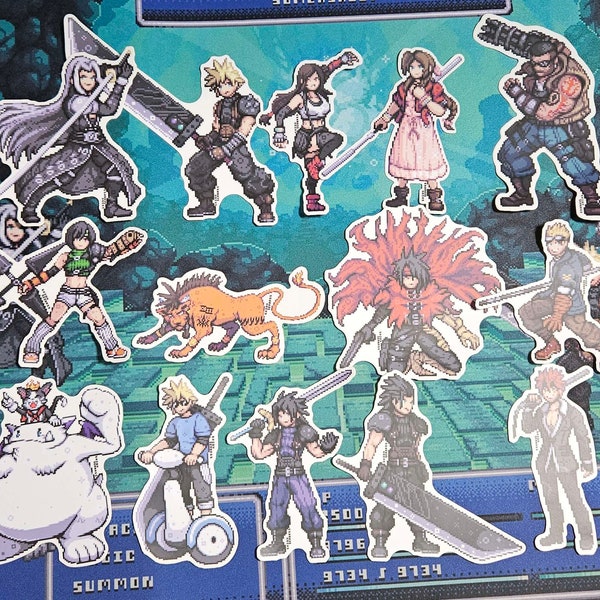 Final Fantasy VII Remake Pixel Art Stickers | Cloud Strife, Sephiroth, Tifa, Aerith, Barret, Red XIII, Yuffie, Zack Fair Cid Vincent| FFVIIR