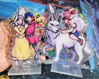 Voyageurs debout en acrylique Studio Ghibli Pixel Art | Le château émouvant de la princesse Mononoke, holographique, fissuré, recto-verso