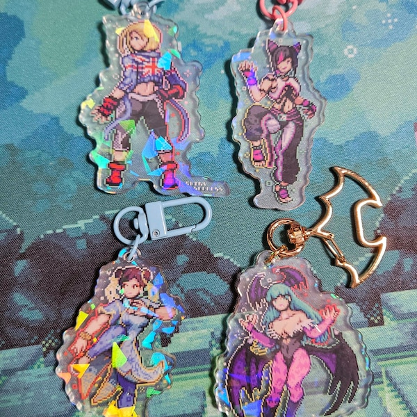 Juri Cammy Chun-Li Morrigan Acrylic Charm Pixel Art | Double Sided Cracked Holographic | Street Fighter 6 Darkstalkers Fighting Games