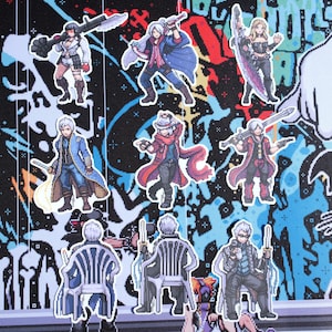 May include: A selection of character stickers from a video game, depicting figures in dynamic poses. The stickers show characters with weapons, wearing detailed outfits, set against a pixelated background with graffiti-style art.