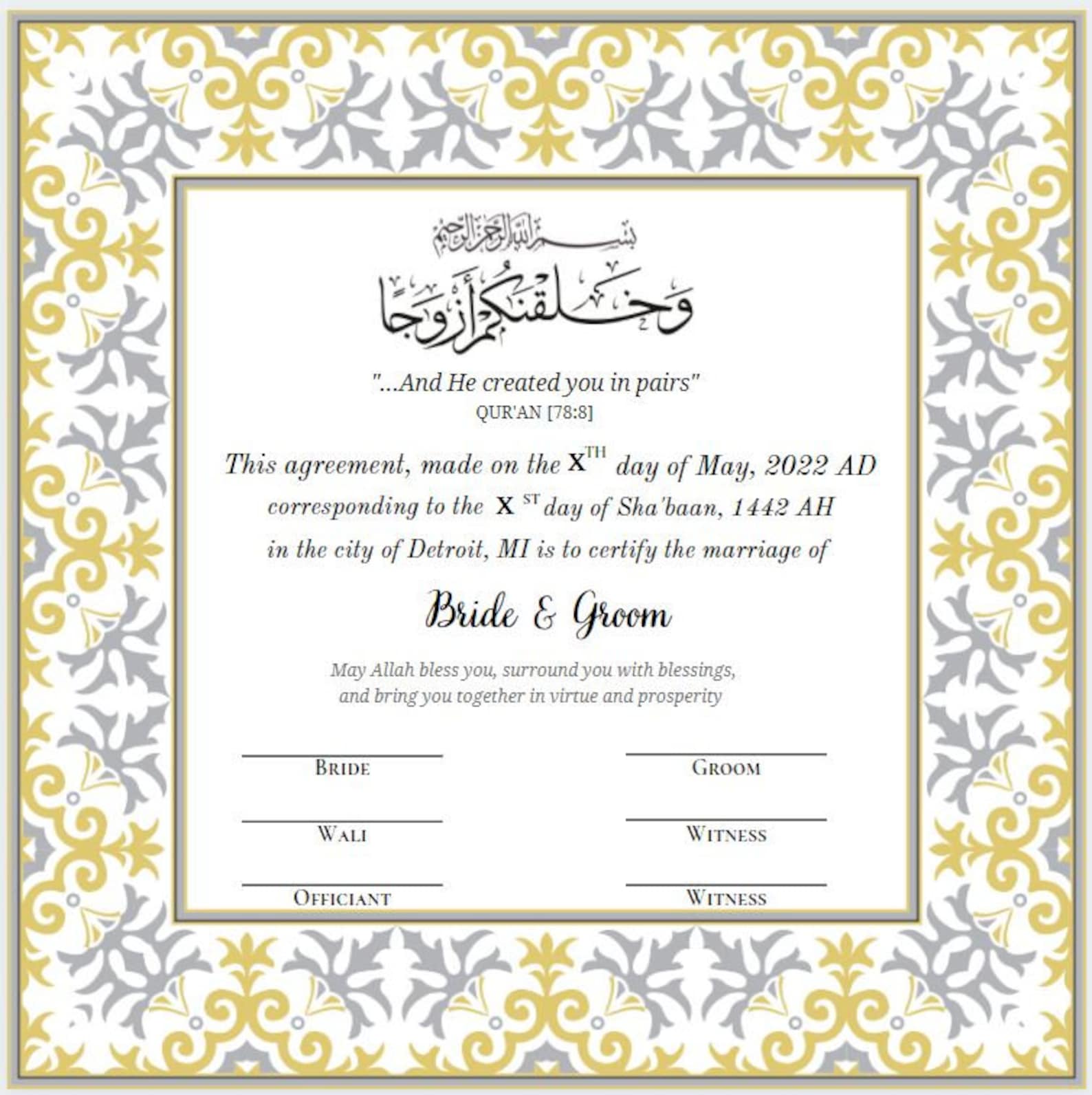 Marriage Certificate Nikkah Nama Islamic Nikkah Contract Etsy