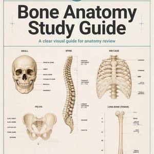 May include: A Bone Anatomy Study Guide poster featuring labeled illustrations of a human skull, spine, rib cage, pelvis, and femur. The cream-colored chart includes anatomical terms, a metric scale next to the femur, and the title Bone Anatomy Study Guide.
