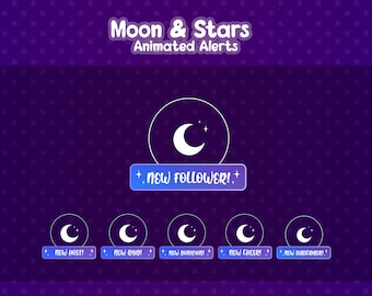Moon and Stars ANIMATED Alerts, Cute  Stream Alerts, Magical Witchy Alerts for Follower, Subscriber, Donation, Raid, Host, Cheer, GIF, WEBM