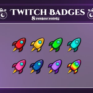 Può includere: Otto badge di chat Twitch con razzi di cartoni animati in diversi colori: rosso, giallo, verde, blu, rosa, azzurro, viola e arcobaleno. Il testo "TWITCH BADGES" è nella parte superiore dell'immagine, e il testo "8 rainbow rockets" è sotto.