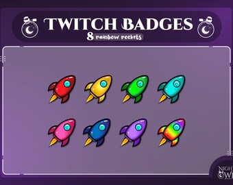 Rainbow Rocket Sub/Bit/Cheer Badges for Twitch Stream, Gold Purple Pink Green Blue Red, 8 Rocket Ship Subscriber Badges in 72px, 36px, 18px