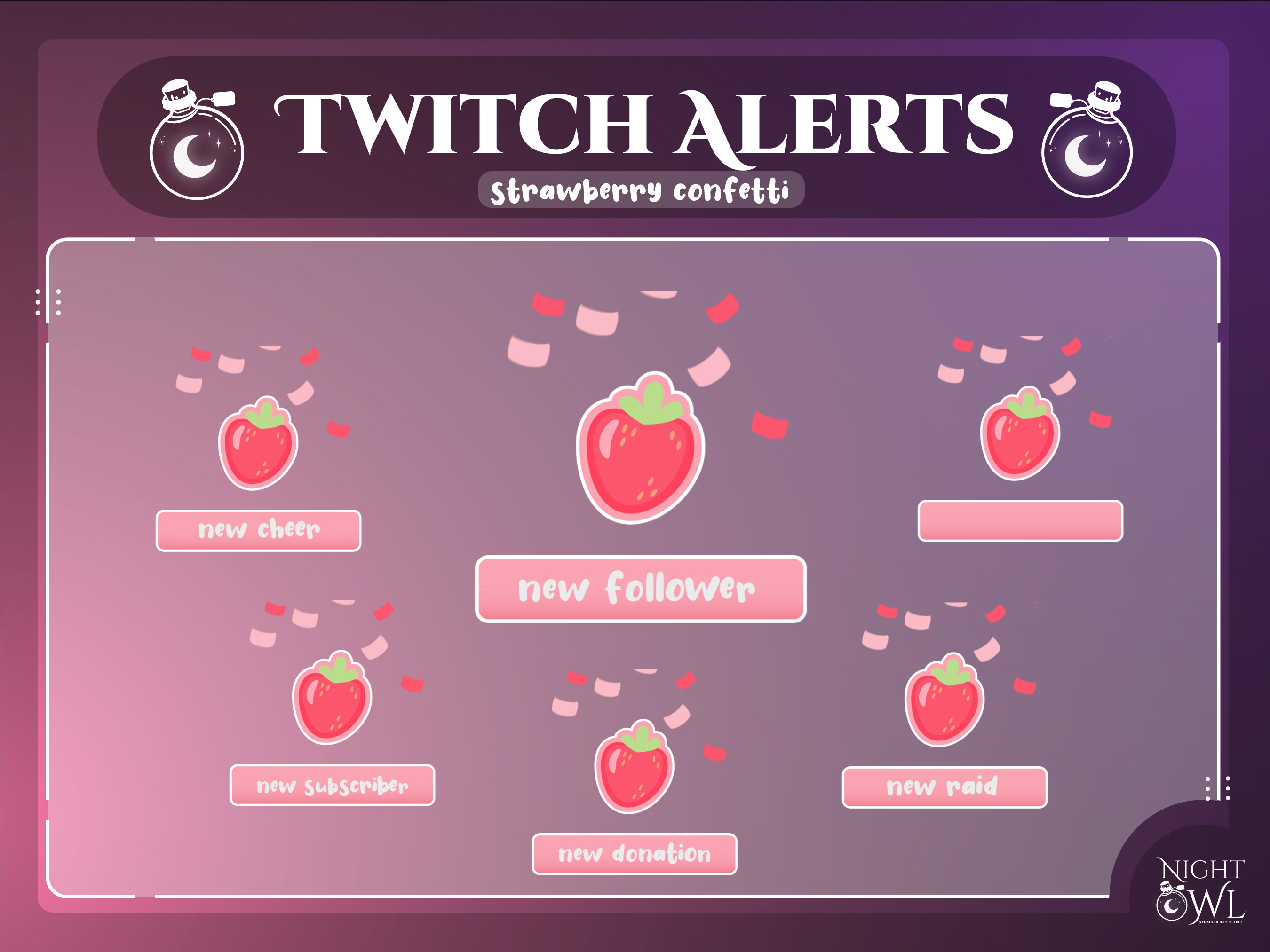 Strawberry Confetti ANIMATED Alerts - Pastel Pink Fruit Twitch Alerts, Cute Berry Stream Alerts, Overlay, Peach Alerts, GIF