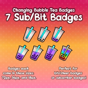 Puede incluir: Siete ilustraciones de vasos de té de burbujas de colores para insignias de canal de Twitch o YouTube. El texto dice "Changing Bubble Tea Badges 7 Sub/Bit Badges". Las insignias vienen en tres tamaños: 72 px, 36 px y 18 px.