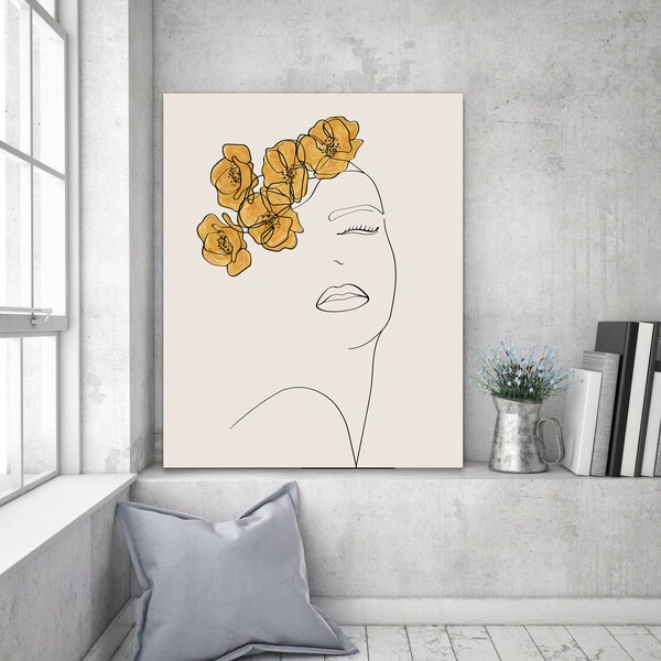 Woman Wall Art Decor, Feminine Yellow Flowers Drawing, Instant Download Printable Art, Female Poster, Minimal Living Room Wall Art Decor