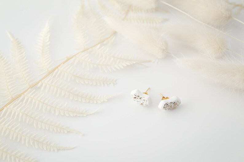 Porcelain Jewellery/ Handmade earrings/ Minimalist earrings/ Ceramic earrings/ Gift for her/ White porcelain with gold/ moon earrings/ black image 6