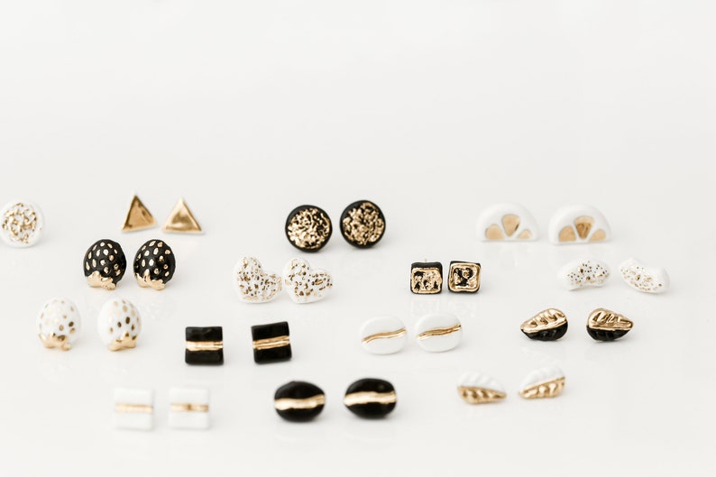 Porcelain Jewellery/ Handmade earrings/ Minimalist earrings/ Ceramic earrings/ Gift for her/ White porcelain with gold/ moon earrings/ black image 8