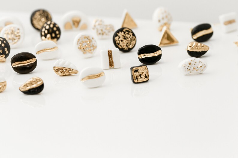 Porcelain Jewellery/ Handmade earrings/ Minimalist earrings/ Ceramic earrings/ Gift for her/ White porcelain with gold/ moon earrings/ black image 9