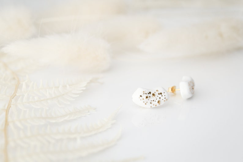 Porcelain Jewellery/ Handmade earrings/ Minimalist earrings/ Ceramic earrings/ Gift for her/ White porcelain with gold/ moon earrings/ black image 7