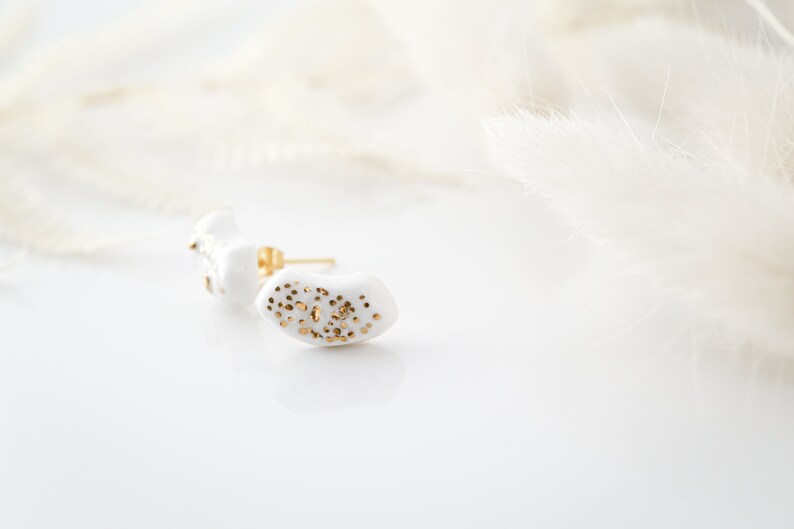 Porcelain Jewellery/ Handmade earrings/ Minimalist earrings/ Ceramic earrings/ Gift for her/ White porcelain with gold/ moon earrings/ black White
